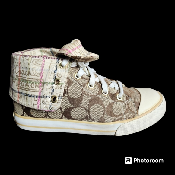 Coach Bonney Sneakers Graffiti Fold Over High Top Sneakers Brown Gold Canvas - Picture 3 of 10